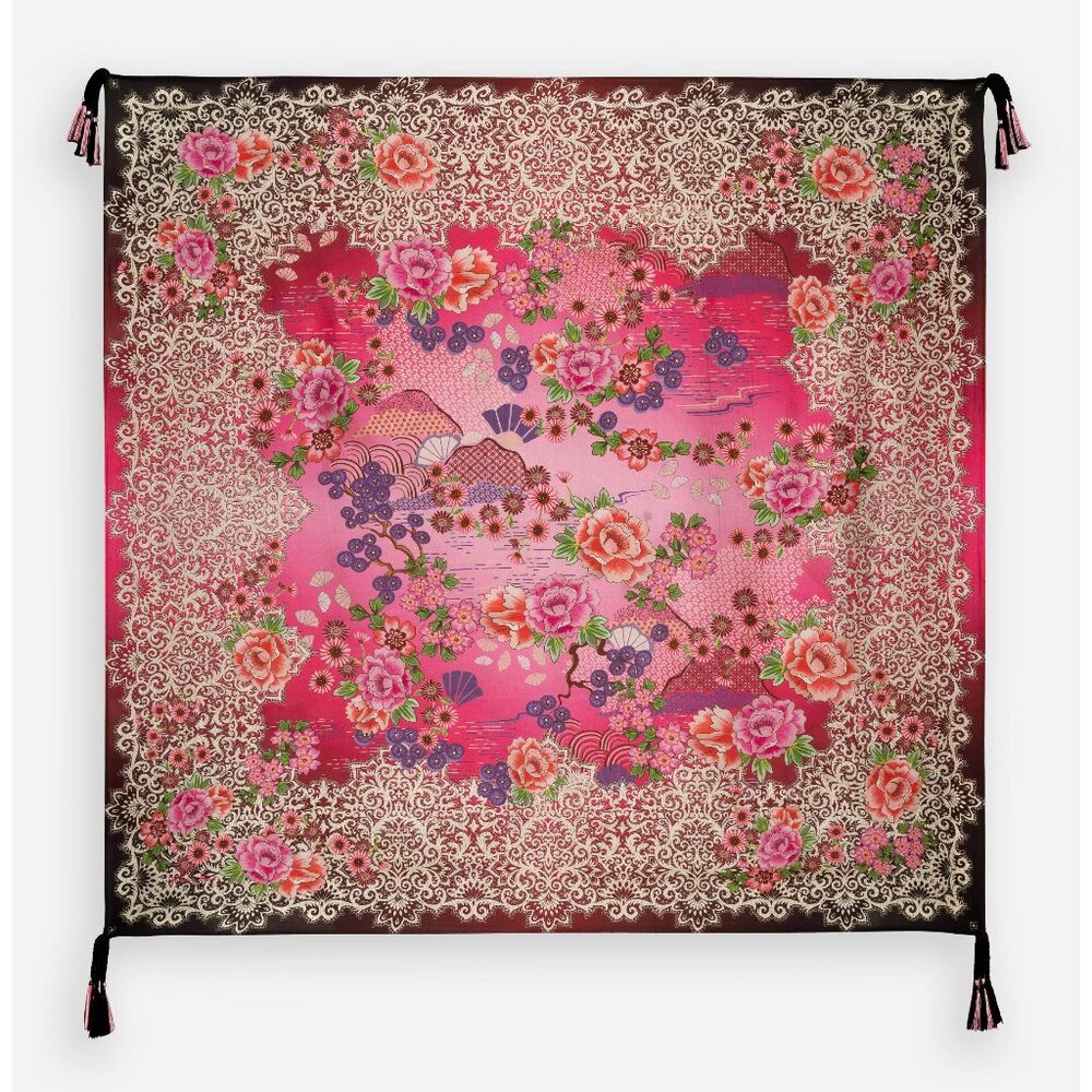 Johnny Was Pink Lace Silk Scarf Square Large Bold Floral Black Flower Tassels NW